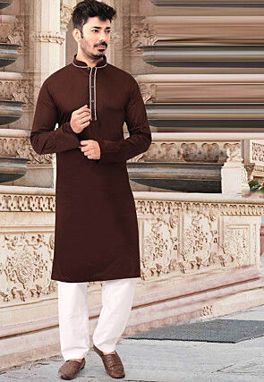 Solid Color Cotton Kurta Set in Brown