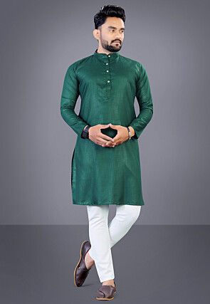 Solid Color Cotton Kurta Set in Dark Green