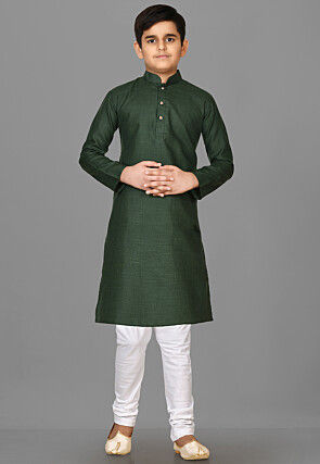 Solid Color Cotton Kurta Set in Dark Green
