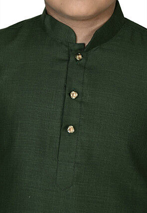 Solid Color Cotton Kurta Set in Dark Green