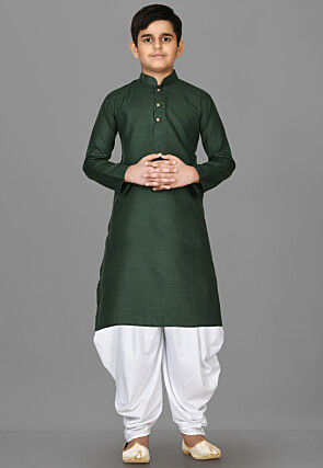 Solid Color Cotton Kurta Set in Dark Green