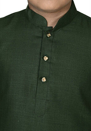 Solid Color Cotton Kurta Set in Dark Green