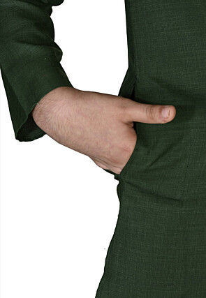 Solid Color Cotton Kurta Set in Dark Green