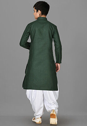 Solid Color Cotton Kurta Set in Dark Green