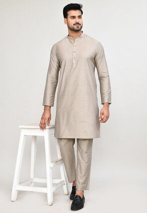Solid Color Cotton Kurta Set in Fawn