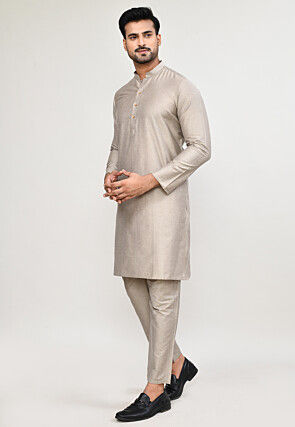 Solid Color Cotton Kurta Set in Fawn