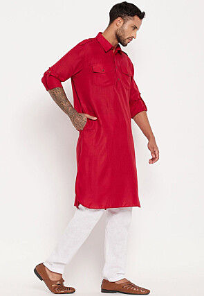 Solid Color Cotton Kurta Set in Fuchsia