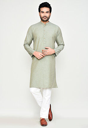 Solid Color Cotton Kurta Set in Grey