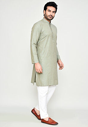 Solid Color Cotton Kurta Set in Grey