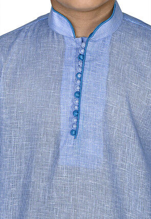 Solid Color Cotton Kurta Set in Light Blue