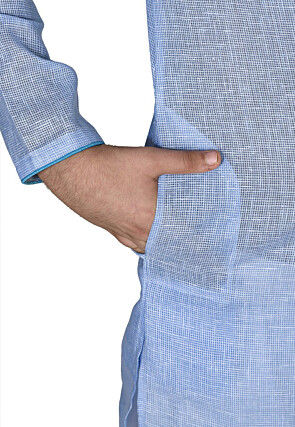 Solid Color Cotton Kurta Set in Light Blue
