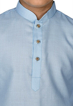 Solid Color Cotton Kurta Set in Light Blue
