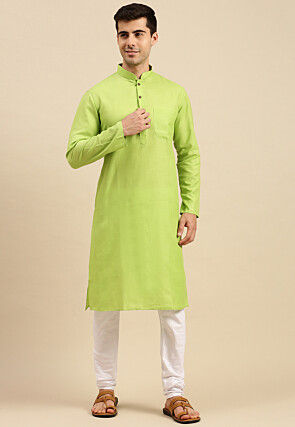 Solid Color Cotton Kurta Set in Light Green