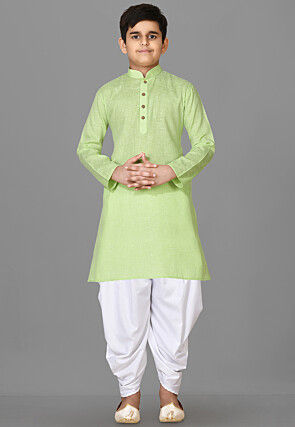 Solid Color Cotton Kurta Set in Light Green
