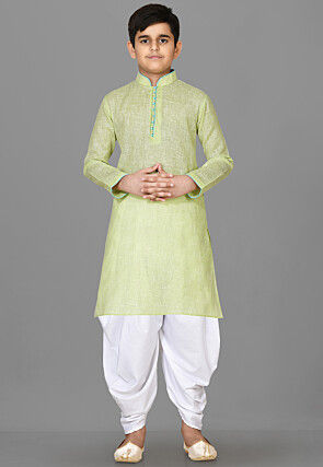 Solid Color Cotton Kurta Set in Light Green