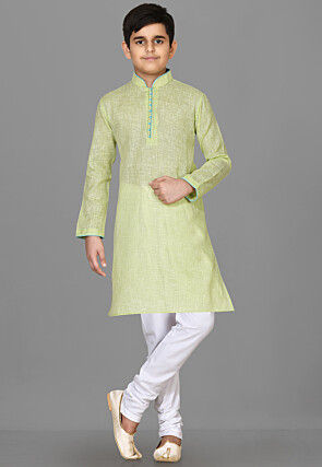 Solid Color Cotton Kurta Set in Light Green