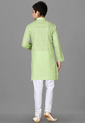 Solid Color Cotton Kurta Set in Light Green