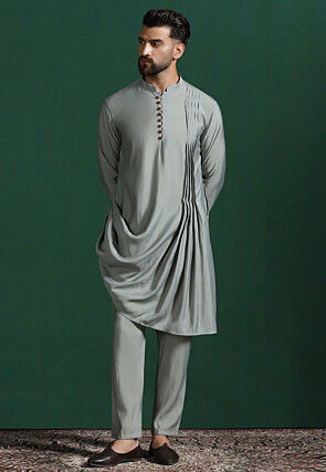 Solid Color Cotton Kurta Set in Light Grey