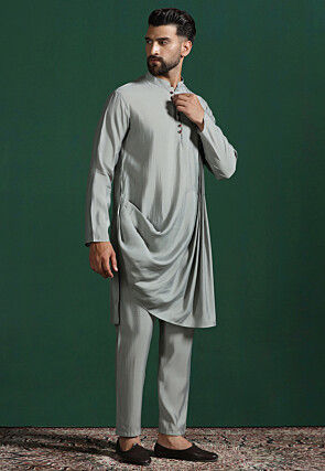 Solid Color Cotton Kurta Set in Light Grey