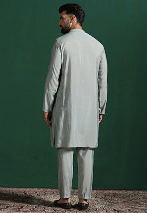 Solid Color Cotton Kurta Set in Light Grey