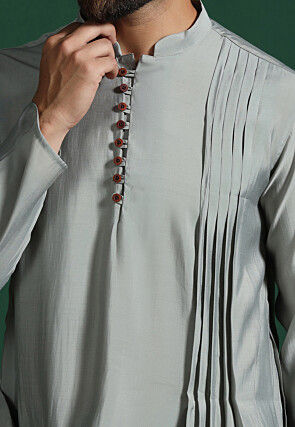 Solid Color Cotton Kurta Set in Light Grey