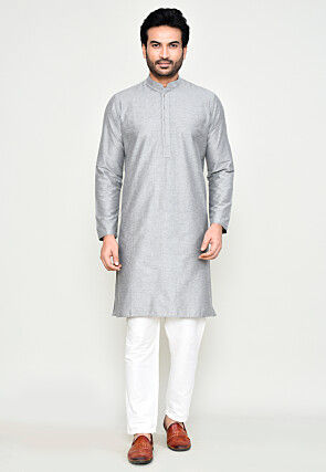 Solid Color Cotton Kurta Set in Light Grey