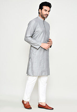 Solid Color Cotton Kurta Set in Light Grey