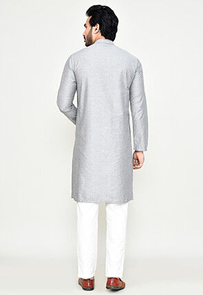 Solid Color Cotton Kurta Set in Light Grey