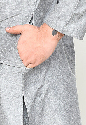 Solid Color Cotton Kurta Set in Light Grey