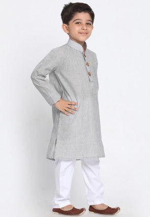 Solid Color Cotton Kurta Set in Light Grey