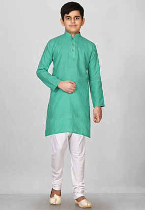 Solid Color Cotton Kurta Set in Light Teal Green