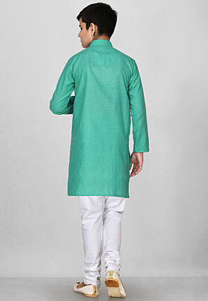 Solid Color Cotton Kurta Set in Light Teal Green