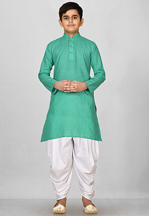 Solid Color Cotton Kurta Set in Light Teal Green
