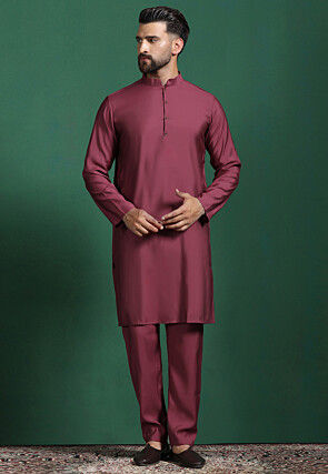 Solid Color Cotton Kurta Set in Maroon