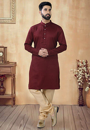 Solid Color Cotton Kurta Set in Maroon