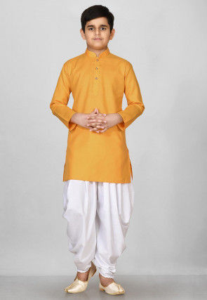 Solid Color Cotton Kurta Set in Mustard