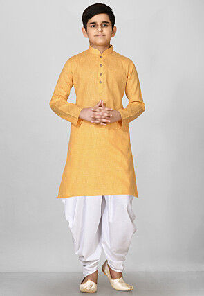 Solid Color Cotton Kurta Set in Mustard