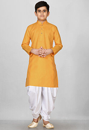 Solid Color Cotton Kurta Set in Mustard