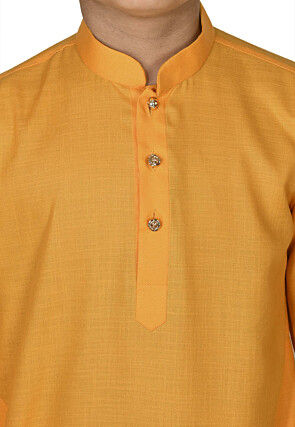 Solid Color Cotton Kurta Set in Mustard