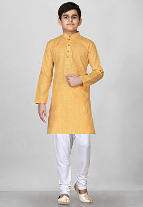 Solid Color Cotton Kurta Set in Mustard
