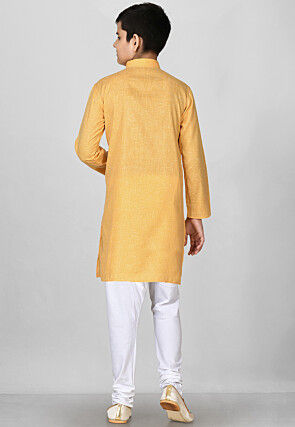 Solid Color Cotton Kurta Set in Mustard