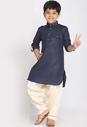 Solid Color Cotton Kurta Set in Navy Blue