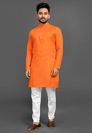 Solid Color Cotton Kurta Set in Orange