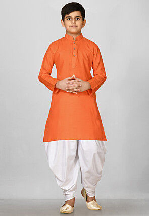 Solid Color Cotton Kurta Set in Orange