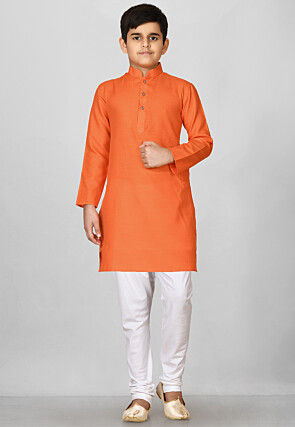 Solid Color Cotton Kurta Set in Orange
