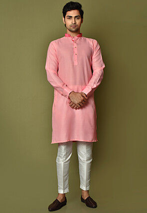 Solid Color Cotton Kurta Set in Peach