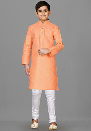 Solid Color Cotton Kurta Set in Peach
