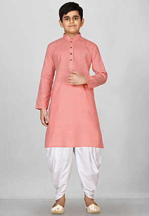 Solid Color Cotton Kurta Set in Peach