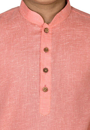 Solid Color Cotton Kurta Set in Peach
