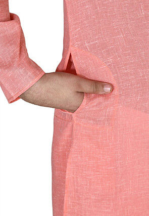 Solid Color Cotton Kurta Set in Peach